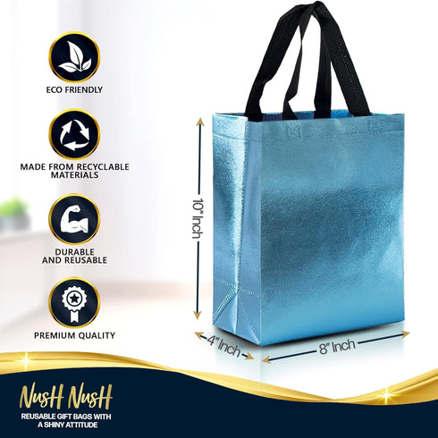 Nush Nush Aqua Blue Gift Bags - Medium Size Set of 12 Light Blue Reusable Gift Bags with Handles for Parties