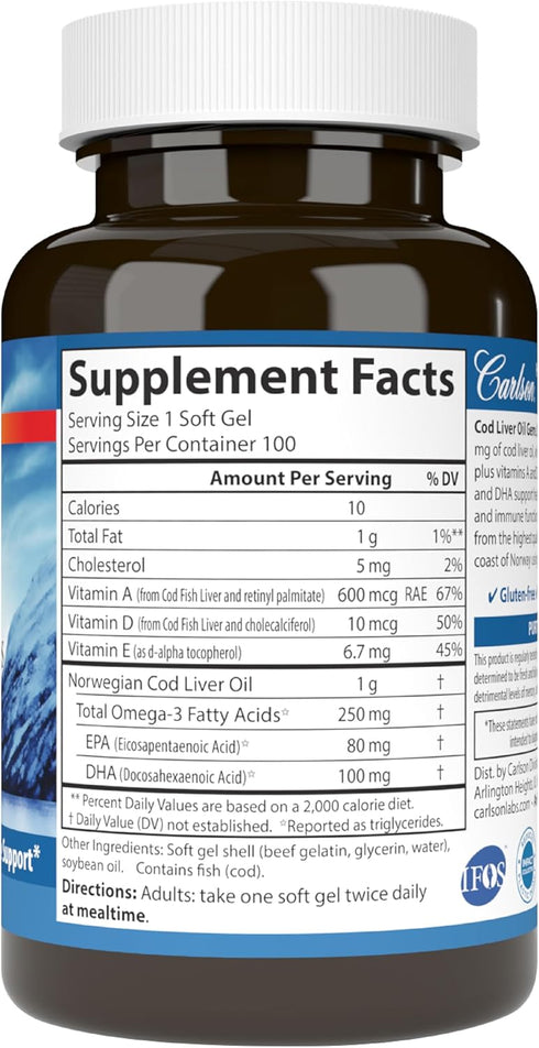 Cod Liver Oil, Super 1000 mg + Vitamins A & D3, Wild Norwegian, Carlson, 100 Softgels
