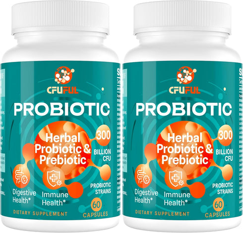 Probiotics for Women & Men, 300 Billion CFU, 24 Strains Probiotic + 15 Organic Herbs Prebiotics Blend, 2 Months Supply