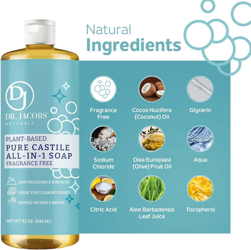 Dr. Jacobs Naturals Fragrance Free Castile Cleaner: All-In-One Soap, Effective Plant-Based Formula for House Cleaning
