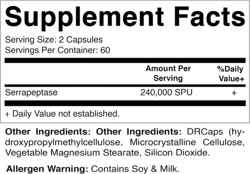 Vitamatic Serrapeptase 240,000 SPU Servings, 120 Delayed Released Capsules - Enteric Coated - Proteolytic Enzyme for Sinus, Respiratory & Joint- Non-GMO & Gluten Free - Made in The USA