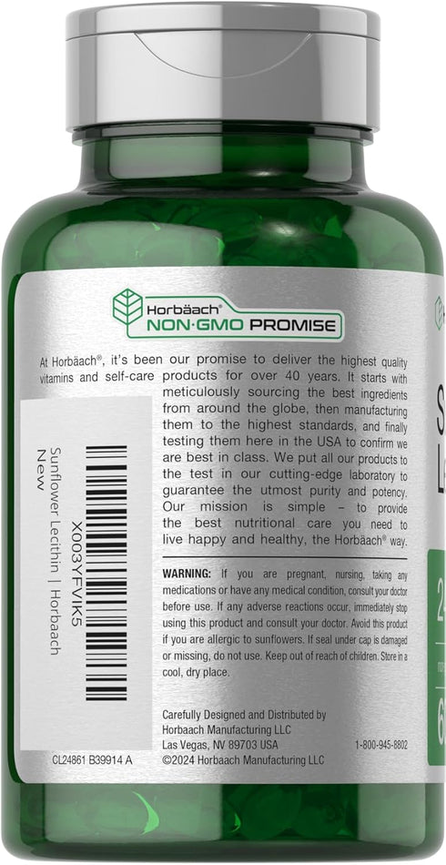 Horbaach Sunflower Lecithin 2400mg | 60 Softgel Capsules | Naturally Occurring Phospholipids, Non-GMO
