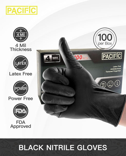 PACIFIC PPE 4 mil Black Nitrile Disposable Gloves, Food-Safe, Latex-Free, Cleaning, Cooking Gloves, Large