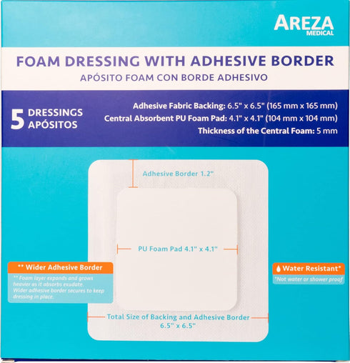 Areza Medical Foam Wound Dressing, Sterile Polyurethane, 6.5" x 6.5" (16.5 cm x 16.5 cm), Adhesive Border, 5 PCS