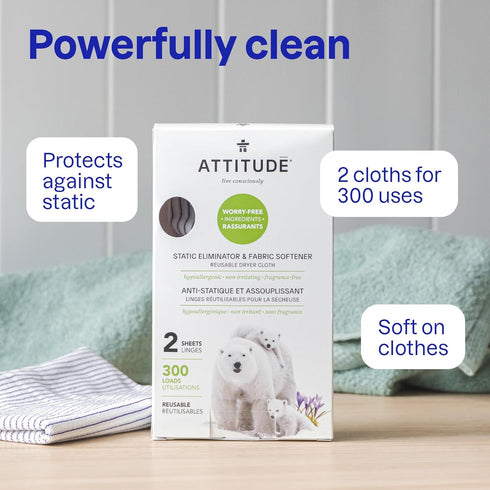 ATTITUDE Reusable Dryer Sheets, Fabric Softener & Static Eliminator, Fragrance-Free, 300 Loads, 2 Sheets