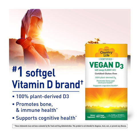 Country Life Vegan D3 5000 IU, Plant-Derived Vitamin D3 from Lichen, 60 Softgels, High Potency Immune Support
