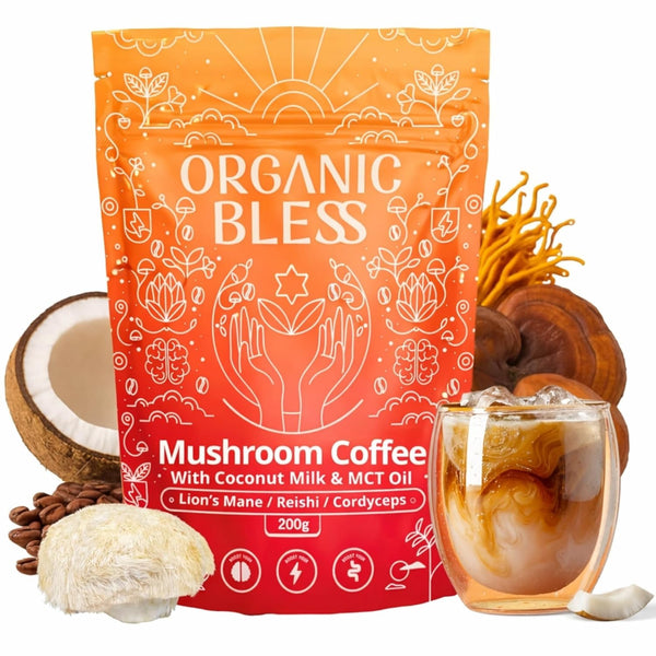 Organic Bless Instant Mushroom Coffee Powder Organic Lions Mane, Reishi & Cordyceps Blend for