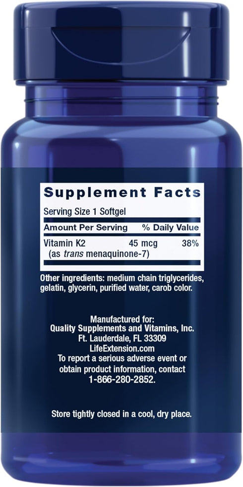 K2 90 Life Extension Low Dose Vitamin Supports Arterial Health Non-GMO, Gluten-Free Softgels