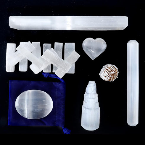 DANCING BEAR Selenite Protection Collection (22 pc Set): 12-15 Sticks (1.5-2”), Palm Stone, Heart, Tower, 8" Stick,