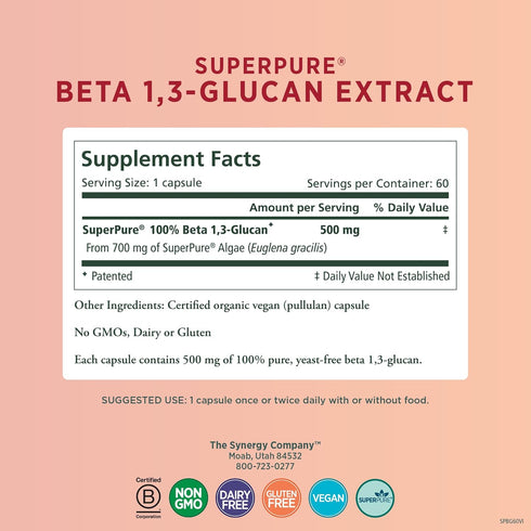 PURE SYNERGY SuperPure Beta 1,3-Glucan Extract, 500 mg Supplement from Algae, Supports Immune Health (60 Capsules)
