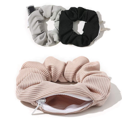 Pocket Scrunchies Hair Ties with Hidden Zipper, Stash Scrunchy Ponytail Holder