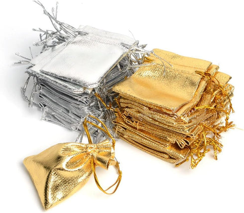 Wudygirl 100 PCS Drawstring Satin Bags Mixed Gold Silver, 3.54X4.72 inches for Jewelry Wedding Party