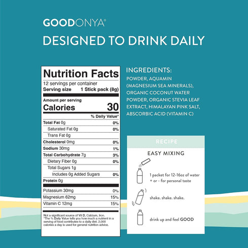 GOODONYA Hydrate Organic Electrolyte Powder, 12 Count Travel Stick Packs with Real Lemon Juice and Coconut Water