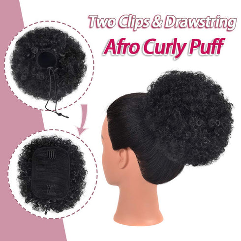 rosmile Afro Puff Clip On Synthetic Ponytail Extension for Black Women, 80g 1B# Short Kinky Bun