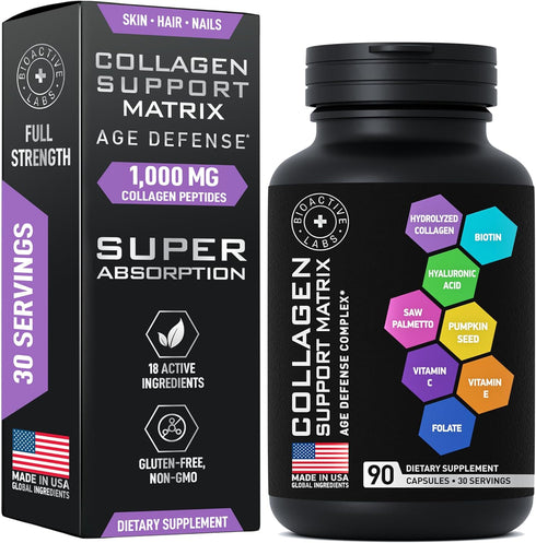 Age Defense Beauty Collagen Matrix, 2,000mg Multi Collagen Biotin Keratin Supplement, DHT Blocker for Hair Growth, 90