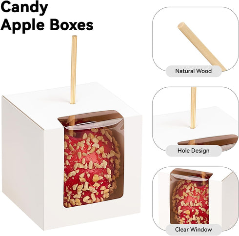 Ocmoiy 30 Pack 4" 4" 4" Candy Apple Boxes with Sticks, x x Kraft Caramel Apple Gift Box with Clear Window for Wedding