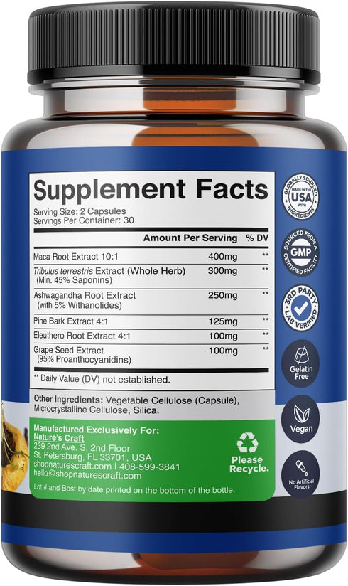 Black Maca Root Capsules for Men - Herbal Enhancement Supplement for Men with Siberian Ginseng Ashwagandha and Black Maca Root for Men - Invigorating Drive Mood & Energy Booster for Men (30 Servings)