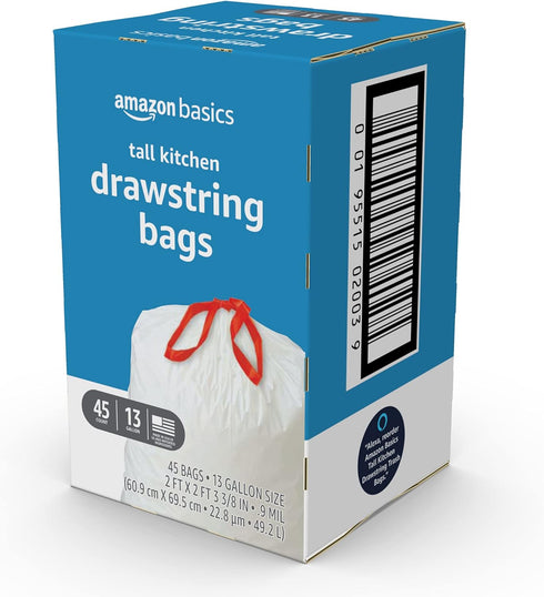Amazon Basics Tall Kitchen Drawstring Trash Bags, 13 Gallon, 45 Count, Pack of 1