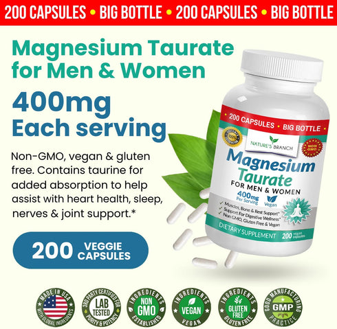 Magnesium Taurate 400mg, 200 Capsules, High Absorption for Sleep, Heart Health, Joint Supplement for Women and Men