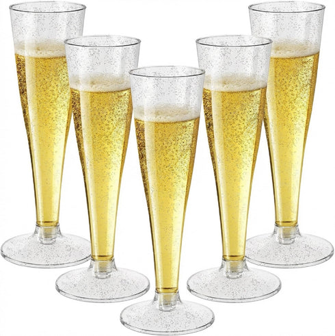 Torchero Placstic Champagne Flutes Disposable, 4.5 OZ, SilverGlitter, 100 Count, Party Supplies for