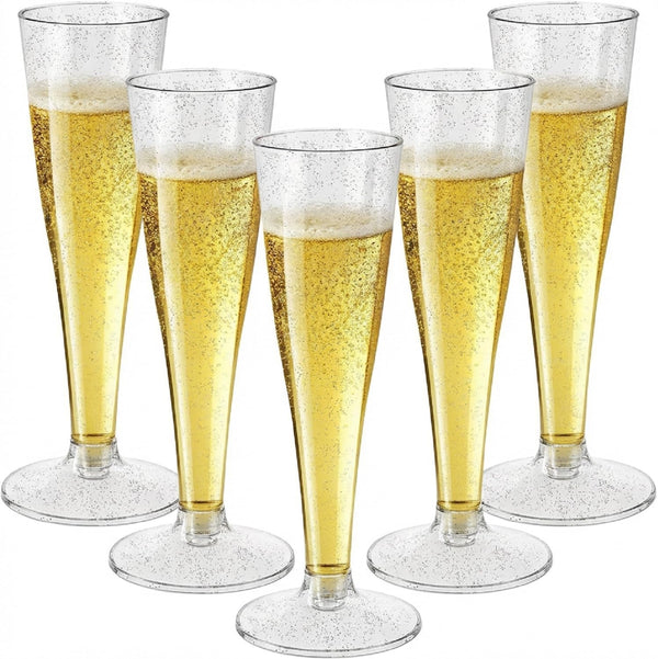 Torchero Placstic Champagne Flutes Disposable, 4.5 OZ, SilverGlitter, 100 Count, Party Supplies for