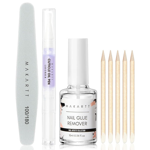 Makartt Nail Glue Remover Kit, for Press on Nails, 10ML Glue Off, Nail File Buffer, Cuticle Oil