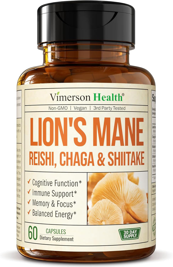 60 High Potency Lions Mane Supplement Capsules - Cognitive & Immune Support with Shiitake, Reishi, Maitake & Chaga