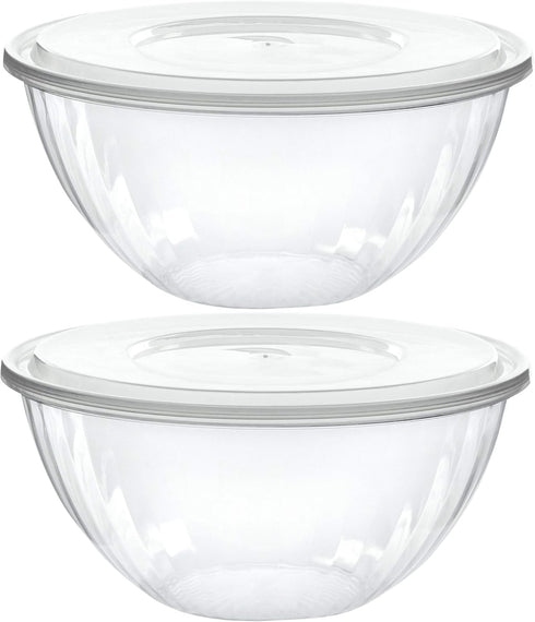 PLASTICPRO Disposable 48 Ounce Round Crystal Clear Plastic Serving Bowls with Lids, Snack or Salad Bowl, Pack of 4