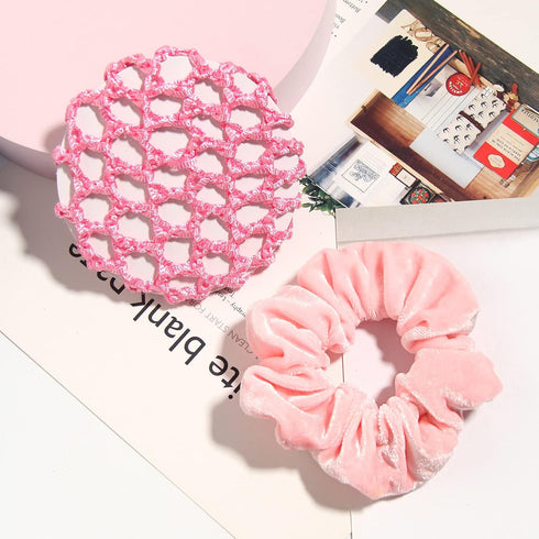 Velvet Hair Scrunchies for Women Girls, Bun Cover Hair Net, Ballet Hair Accessories Set (Pink)