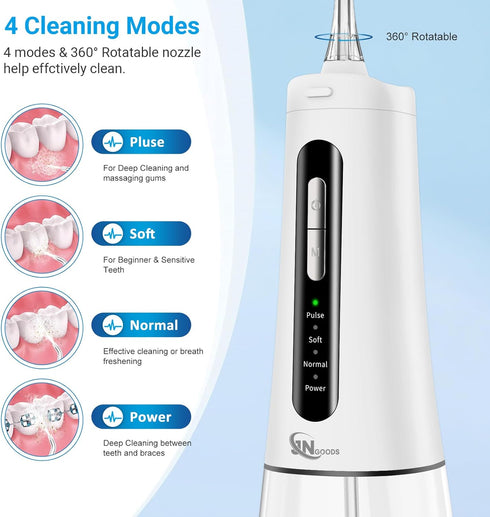 JNGOODS Cordless Water Dental Flosser, 300ml Rechargeable Oral Irrigator for Teeth, IPX7 Waterproof, 4 Modes, 4 Jet
