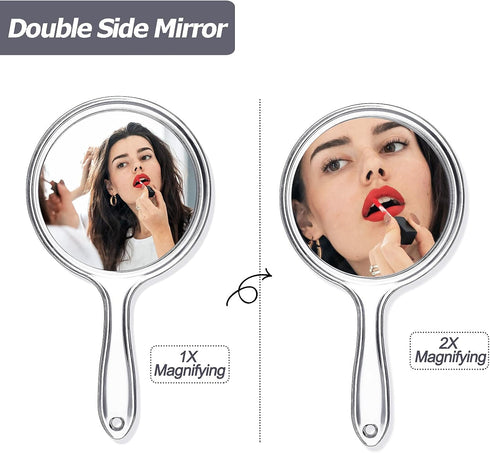 Jetec Double-Sided Hand Mirror - Handheld 1X/2X Magnifying Mirror with Handle, Rounded Shape Makeup Mirror (Clear)