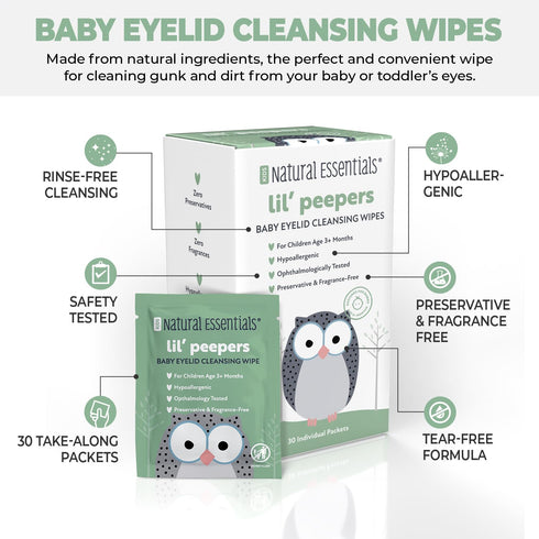 Natural Essentials Recommended (30 Count) Lil' Peepers Baby Eye Wipes and Eyelid Cleanser, Preservative-Free