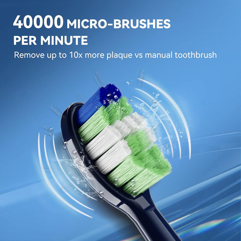 JTF Sonic Electric Toothbrush for Adults - Fast Rechargeable with Travel Case, 6 Brush Heads, 5 Modes, Navy Blue