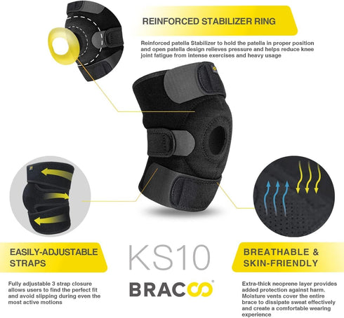 Bracoo Knee Support Brace for Men Women, Adjustable Compression Sleeve Wrap, Patellar Pad for Injury Recovery