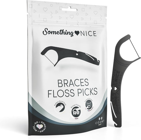 SOMETHING NICE Floss Picks for Braces, Mint Flavored with Rubber Band Hook & Tongue Scraper, 90-Pack