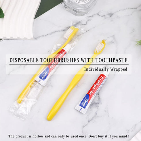 Pack of 100 Disposable Toothbrushes with Toothpaste, Yellow Hollow Individually Wrapped Travel Toothbrushes Kit