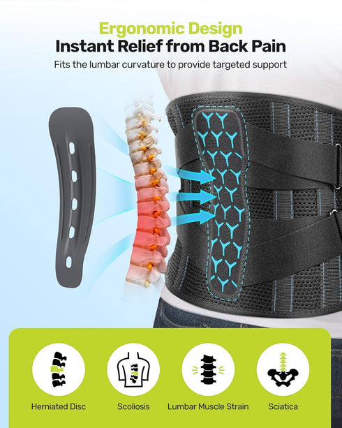 Back Brace for Men with 7 Stays, Adjustable Lumbar Support Belt for Pain Relief, Breathable Mesh Design for Scoliosis