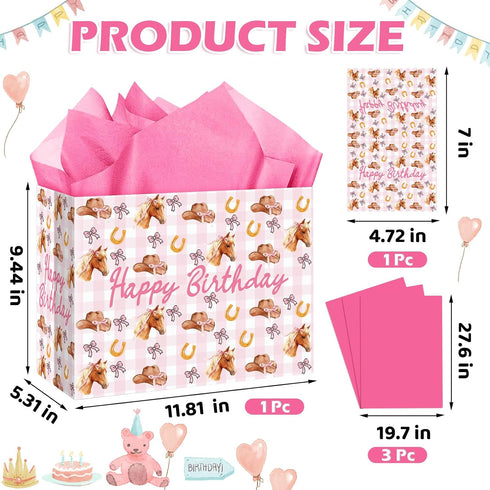 Nefrayd Cowgirl Gift Bag, Pink Western Gift Bag with Card and Tissue Paper, Western Theme Birthday Party Decorations
