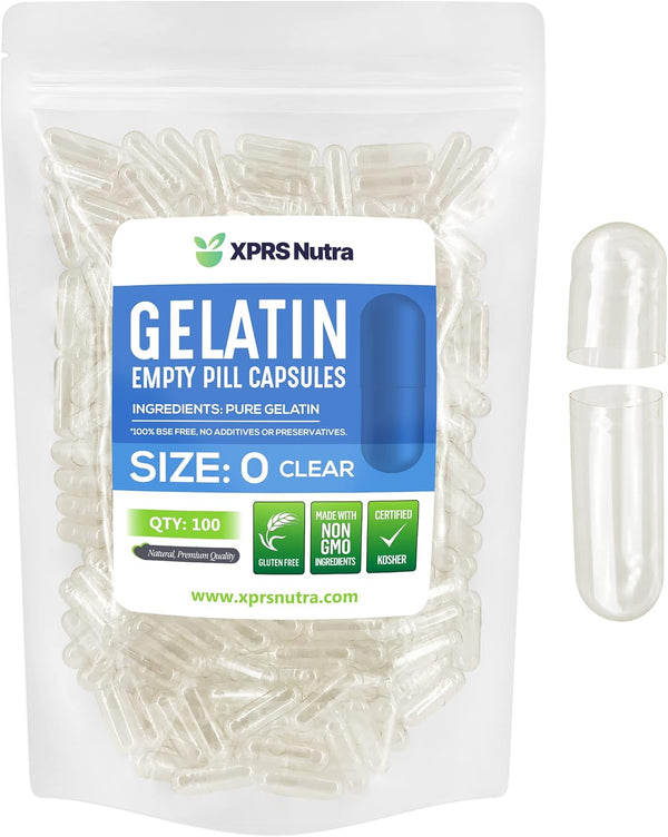 XPRS Nutra Size 0 Empty Capsules - 100 Count Clear Gelatin Capsules for DIY Capsule Filling