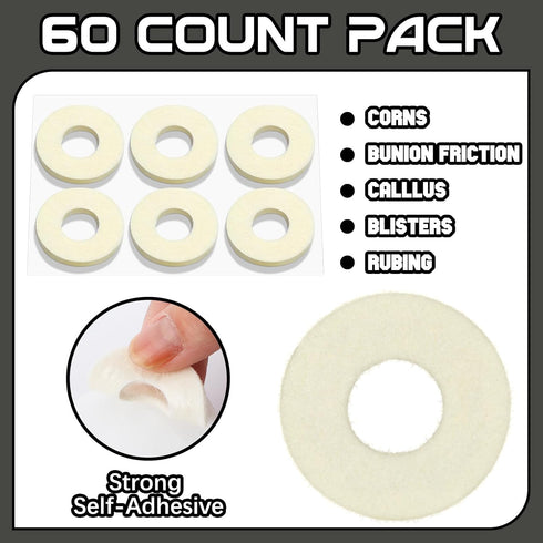 Felt Callus Pads for Feet, Adhesive Round Corn Cushions, Soft Bulk for Pain Relief, 60 Pcs