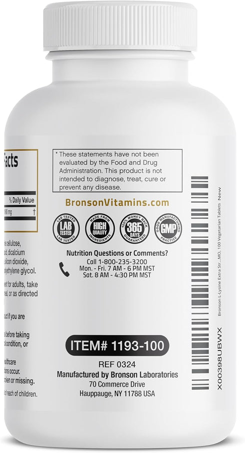 Bronson L-Lysine Extra Strength 1000 MG Tablets, Immune Support & Collagen Synthesis, Non-GMO