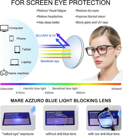 MARE AZZURO Computer Glasses, Women's Blue Blocking Eyewear, Stylish Gaming Eyeglasses