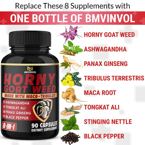 BMVINVOL Horny Goat Weed Capsules - 7000mg Herbal Equivalent - Maca, Ginseng, Tribulus Terrestris, Ashwagandha - Performance and Energy Support - 3 Months Supply