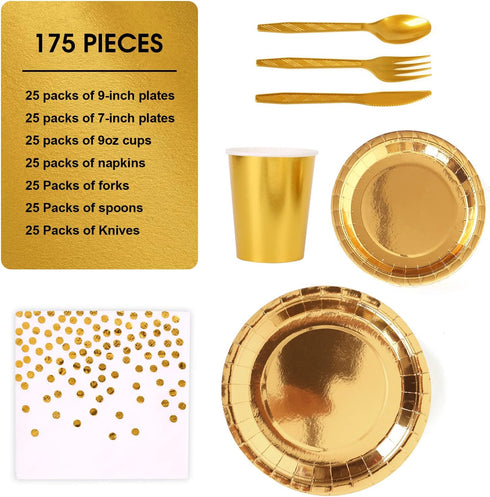 175 Pieces Gold Disposable Party Dinnerware Set - Gold Plates, Napkins, Cups, Plastic Forks, Knives, Spoons