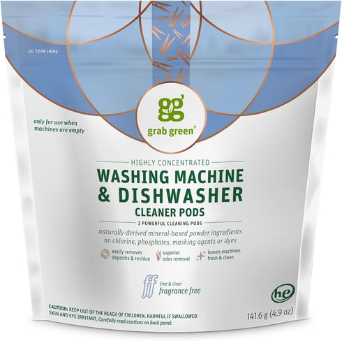 Grab Green Washing Machine and Dishwasher Cleaner Pods - Fragrance Free, 2 Cleaning Pods