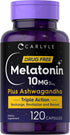 Carlyle Melatonin 10mg with Ashwagandha | 120 Capsules | Triple Strength Formula, Non-GMO, Gluten Free
