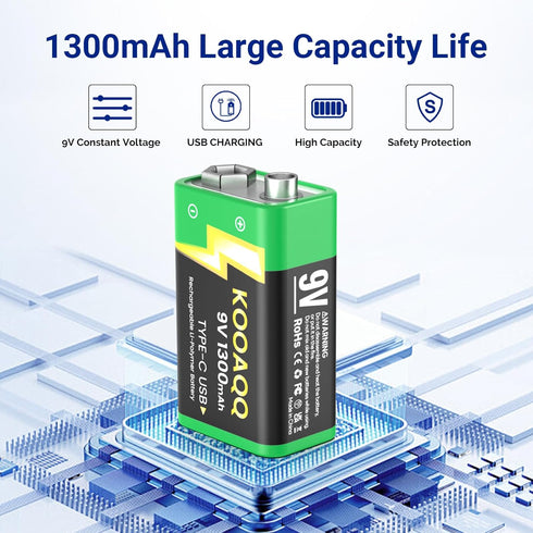 KOOAQQ 6-Pack 9v 2 1 1300mAh 9 Rechargeable Batteries, USB-C Recharge with in Charging Cable, Volt Lithium Quare