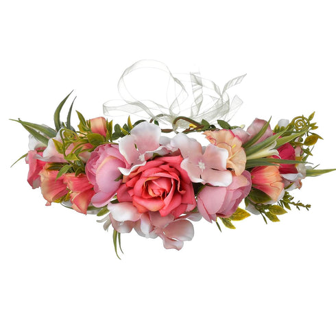 Women Floral Crown Boho Flower Headband, Hair Wreath Floral Halo Headpiece with Ribbon for Wedding Party Photos.