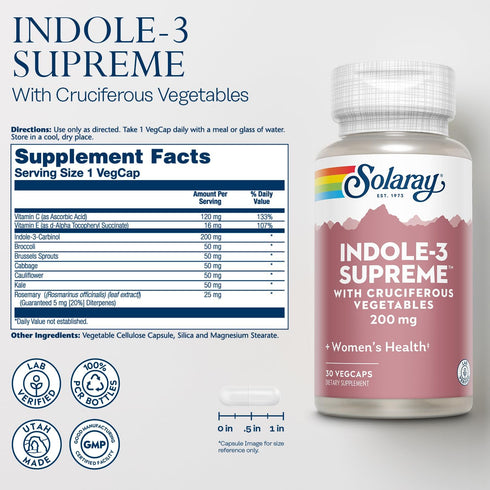 Indole-3 60-Day 30 30 SOLARAY Supreme with Cruciferous Vegetables - Women's Health Support - DIM Plus Broccoli, Kale