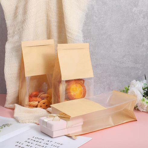 PercyEffie 100Pcs Packaging Favors,Popcorn(5.1x 3.9x 11Inch) Bakery Bags with Window,Tin Tie Tab Lock Bread Cookie Bags